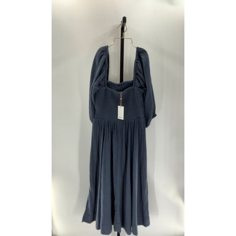 Quince Navy Blue Puff Sleeve Midi Dress